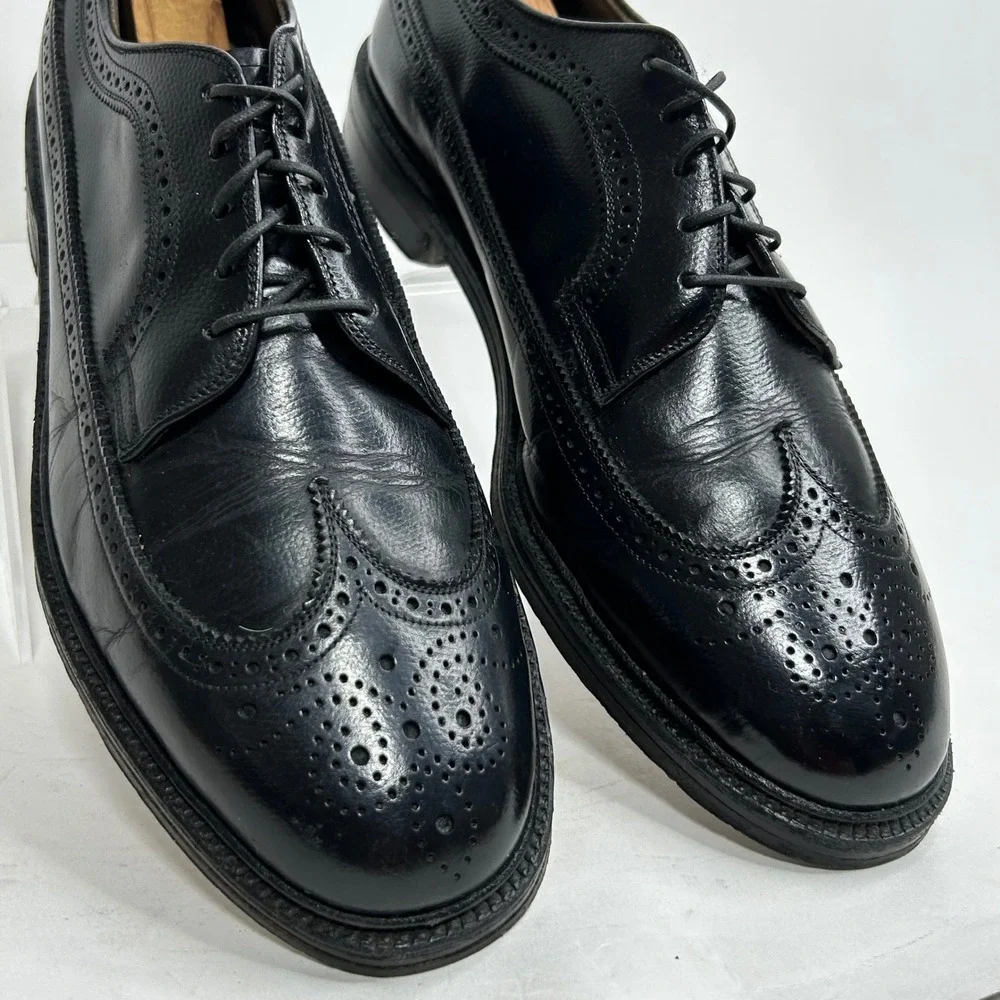 Vintage‎ Italian Mens Black Leather Wingtip Brogue Dress Shoes Nailed Heel 9.5